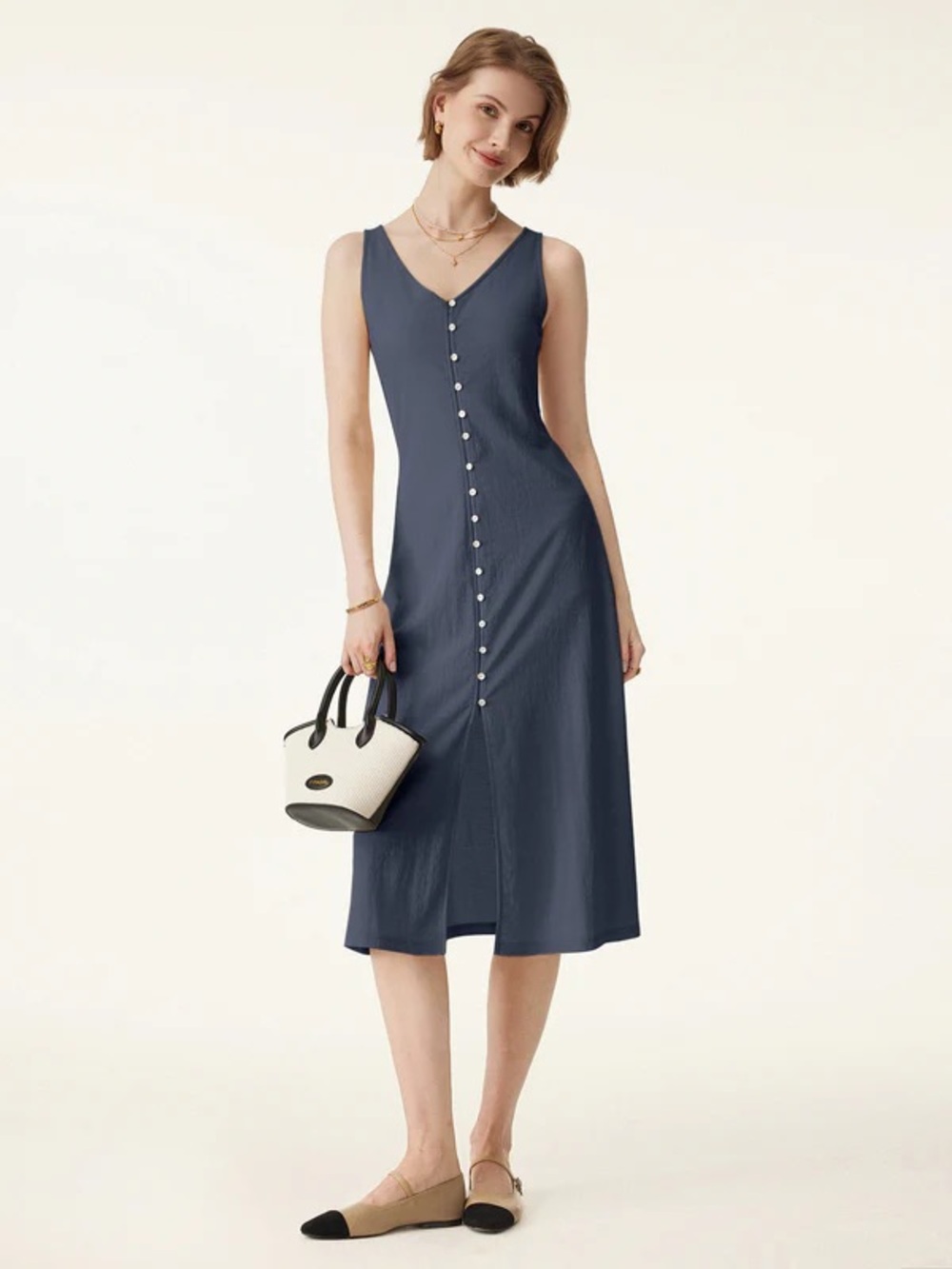 OGL Multi-wear V-neck Button Front Midi Vest Dress